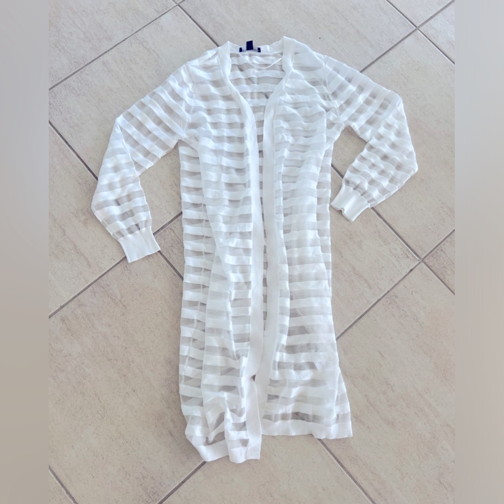 INC International Concepts White & See Through Striped Extra Long Cardigan M
